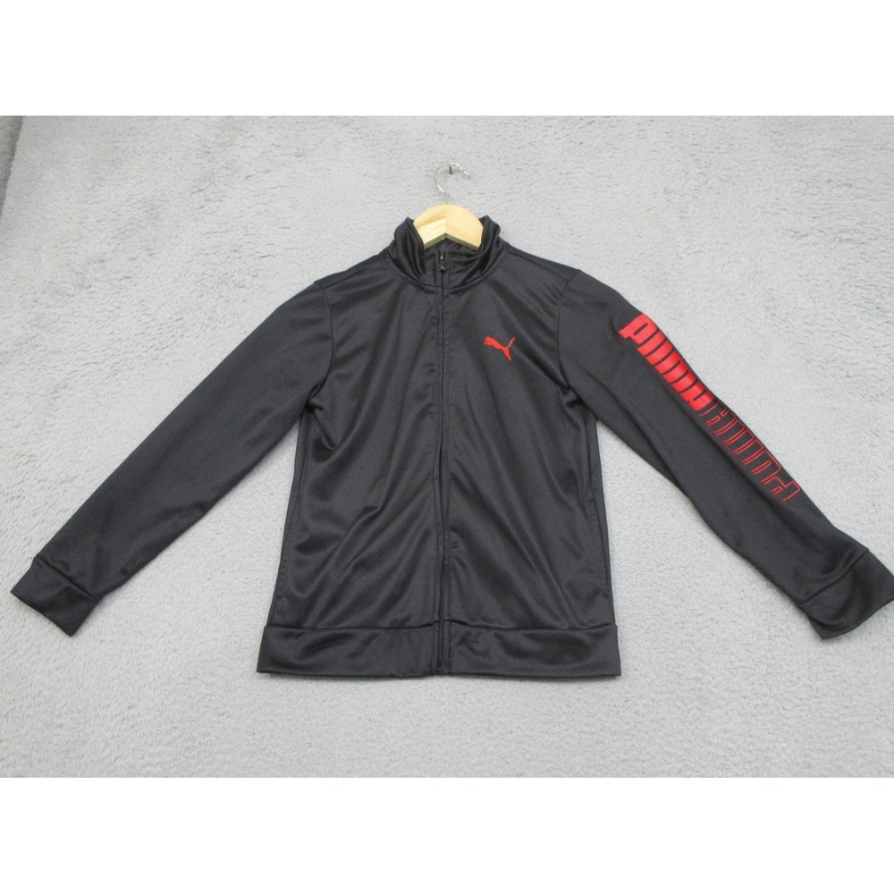 PUMA Track Jacket Youth Large Black Red Full Zip Logo Sleeve Athletic Sport
